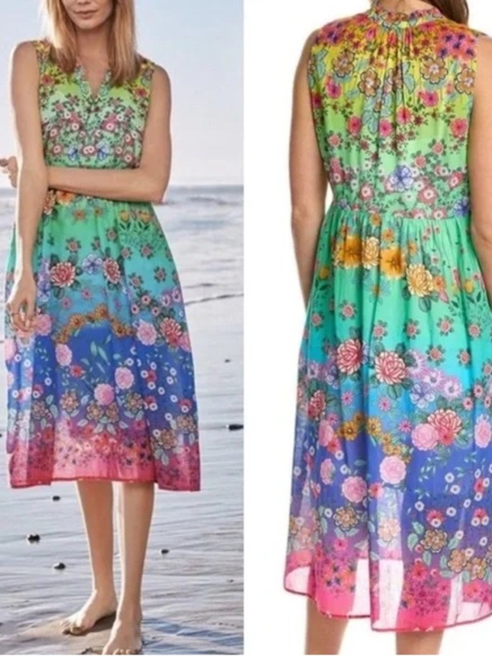 Johnny Was Rainbow Field Ruffle Floral Ombre Sleeveless Midi Dress XXS